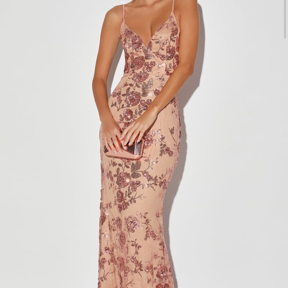 Lulus Never Worn Out Of Stock Shine Language Rose Gold Sequin Mermaid Maxi Dress